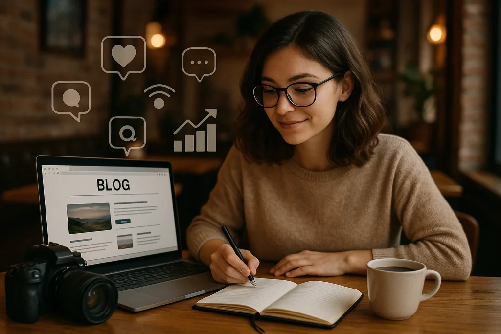 Fiatal nő laptop előtt blogot ír, digitális marketing ikonokkal – online márkaépítés és tartalomkészítés