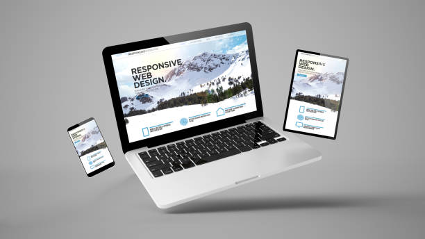flying laptop, mobile and tablet 3d rendering showing responsive web design