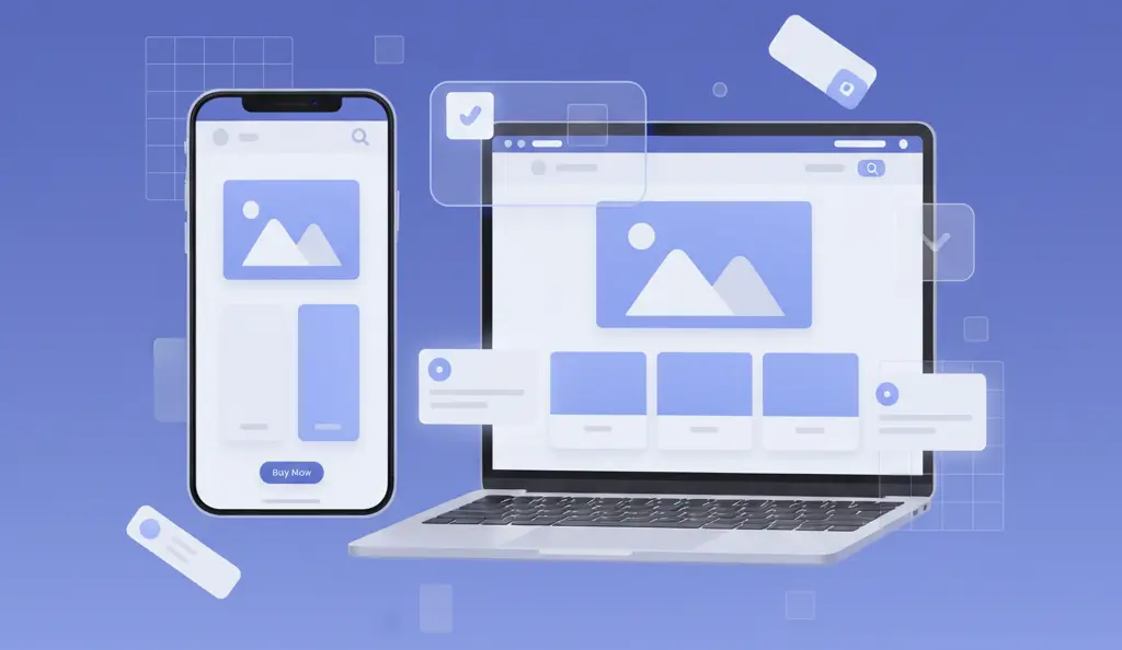 Laptop és mobiltelefon, rajtuk a weboldal mobilnézete és egy vásárlás gomb, kiemelve a reszponzív design fontosságát.