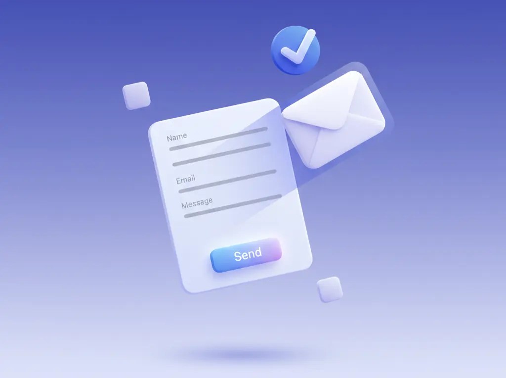 Online kapcsolati űrlap és boríték (email) ikon, ami az üzenet sikeres küldését és kézbesítését jelző pipával van ellátva.