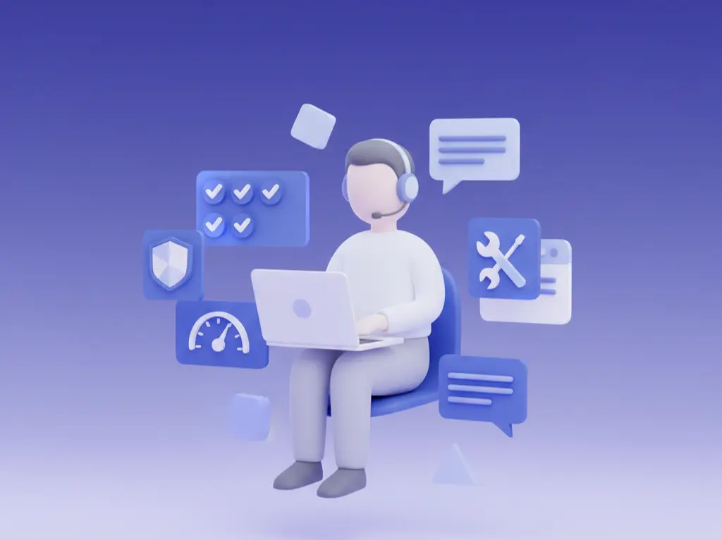 Fejhallgatós szakember laptoppal, körülötte biztonsági (pajzs), teljesítmény (mérő) és karbantartási eszközök (kulcs), mint teljes körű szolgáltatás.