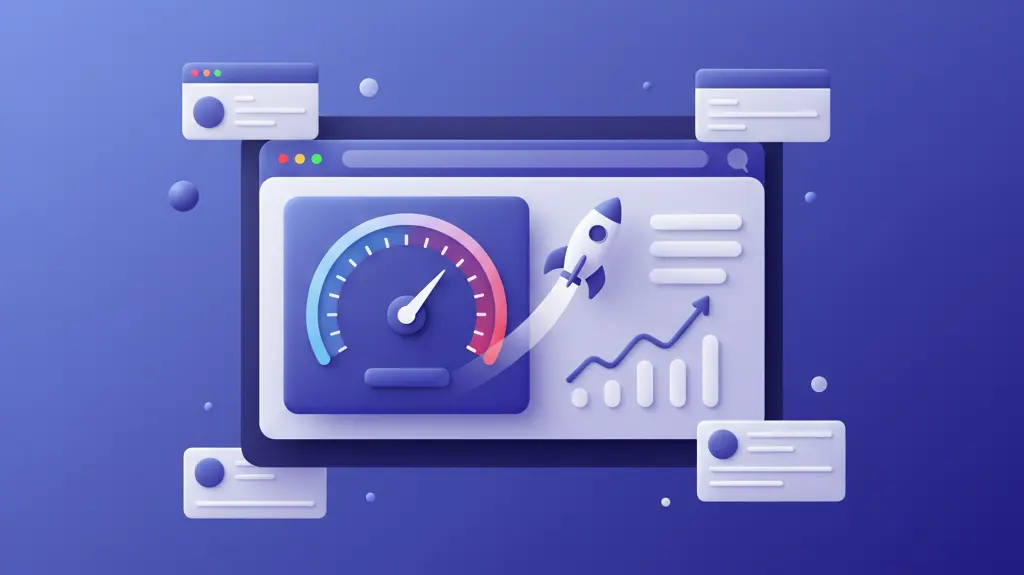 Grafikon, sebességmérő és rakéta, ami weboldal betöltési sebességét és teljesítményoptimalizálását szimbolizálja.