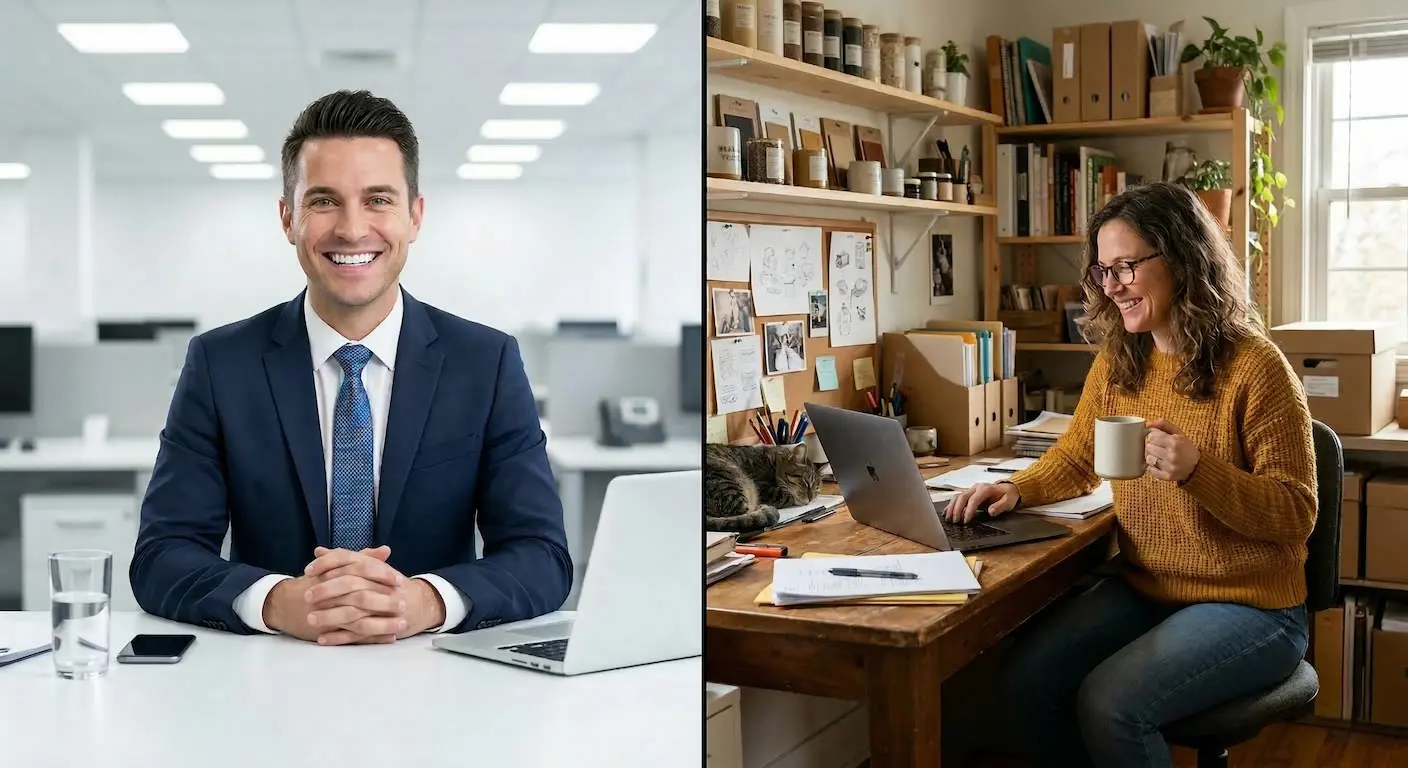 Két részre osztott kép: bal oldalon egy túl tökéletes, műmosolyú stock fotós üzletember, jobb oldalon egy őszinte, hétköznapi vállalkozó a saját irodájában.