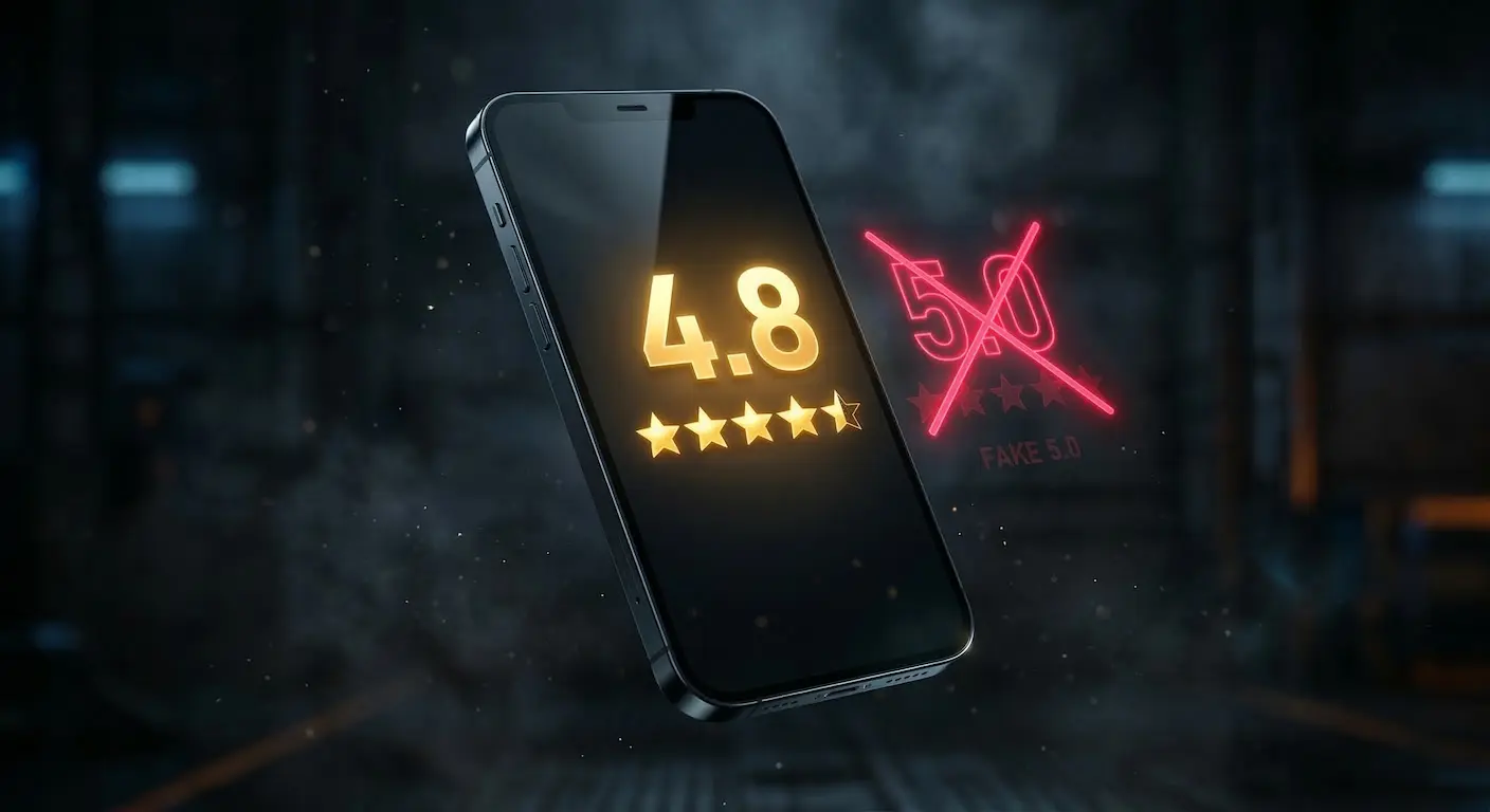 Egy modern okostelefon képernyőjén egy 4.8-as értékelés ragyog arany csillagokkal, miközben a háttérben egy áthúzott, hamisnak tűnő 5.0-ás értékelés látható.