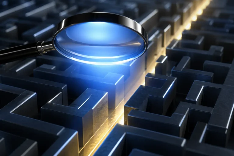 Egy fénylő WebMeta kék nagyító egy sötét, absztrakt labirintus felett, a helyes utat mutatva.