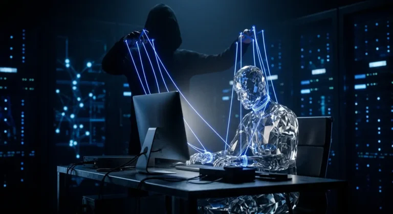 Egy sötét sziluettű alak, aki egy fénylő WebMeta kék marionett-zsinórokkal mozgat egy digitális emberi alakot a számítógép előtt.