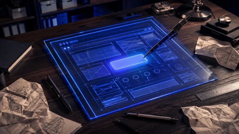 Fotorealisztikus kép egy tervezőasztalról, amin egy weboldal neon-kék wireframe tervrajza világít, szöveg nélkül.