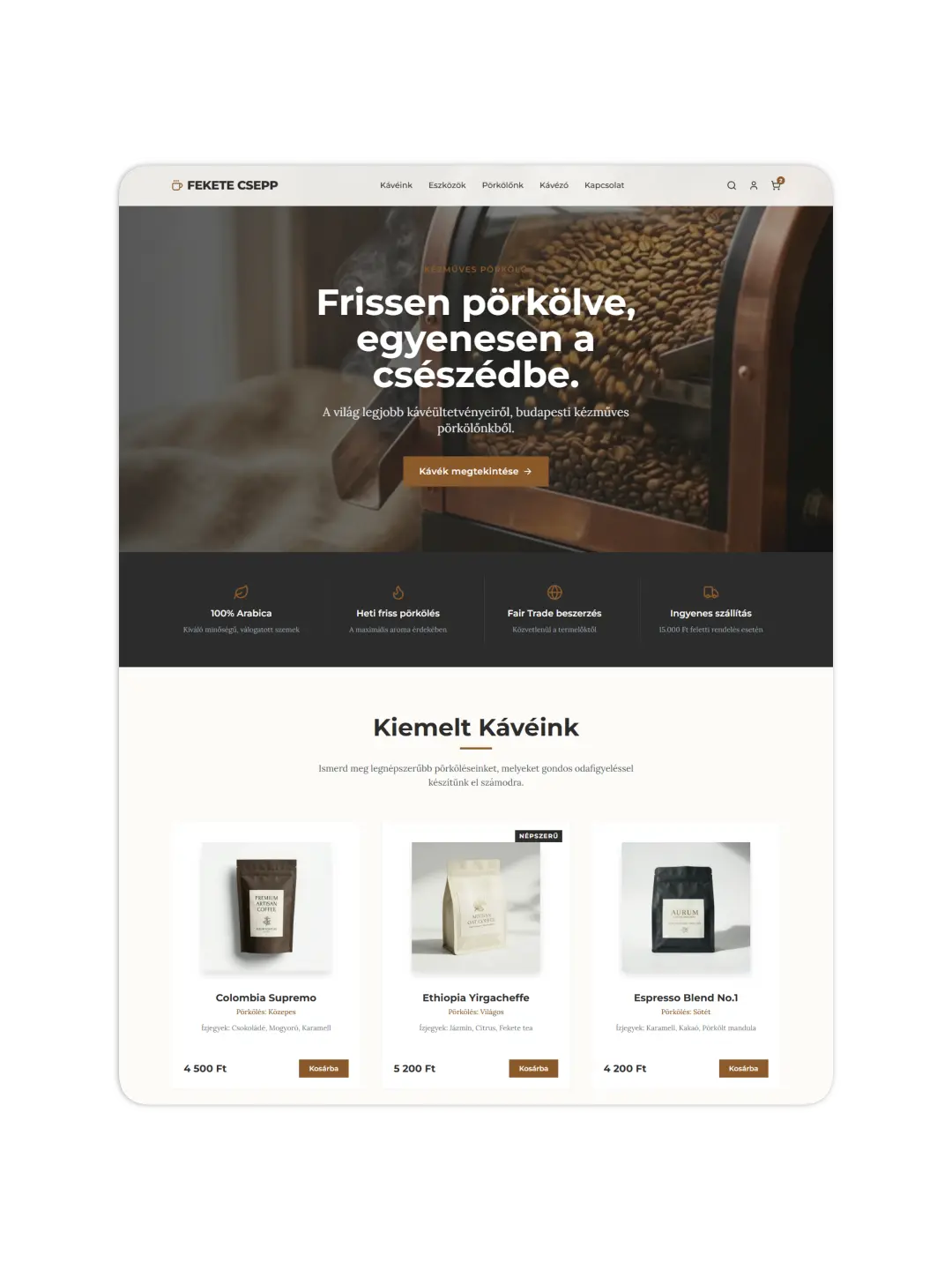 Fekete Csepp prémium kávézó weboldalának teljes kezdőoldala