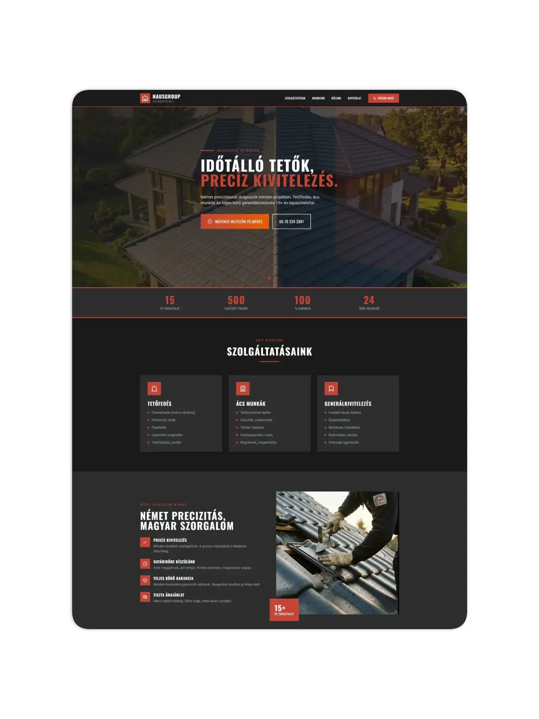 HausGroup Tetőépítő modern vállalkozói weboldalának desktop mockupja