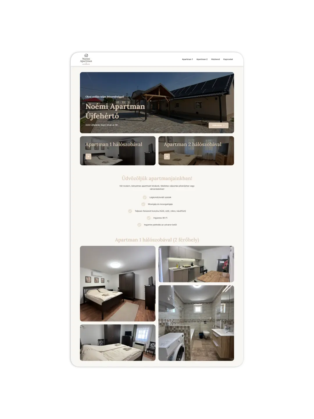 Noémi Apartman Újfehértó szálláshely weboldalának teljes kezdőoldala