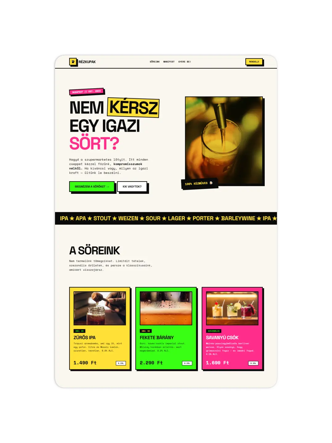 Rézkupak Brewery kraft sörfőzde modern weboldalának desktop mockupja