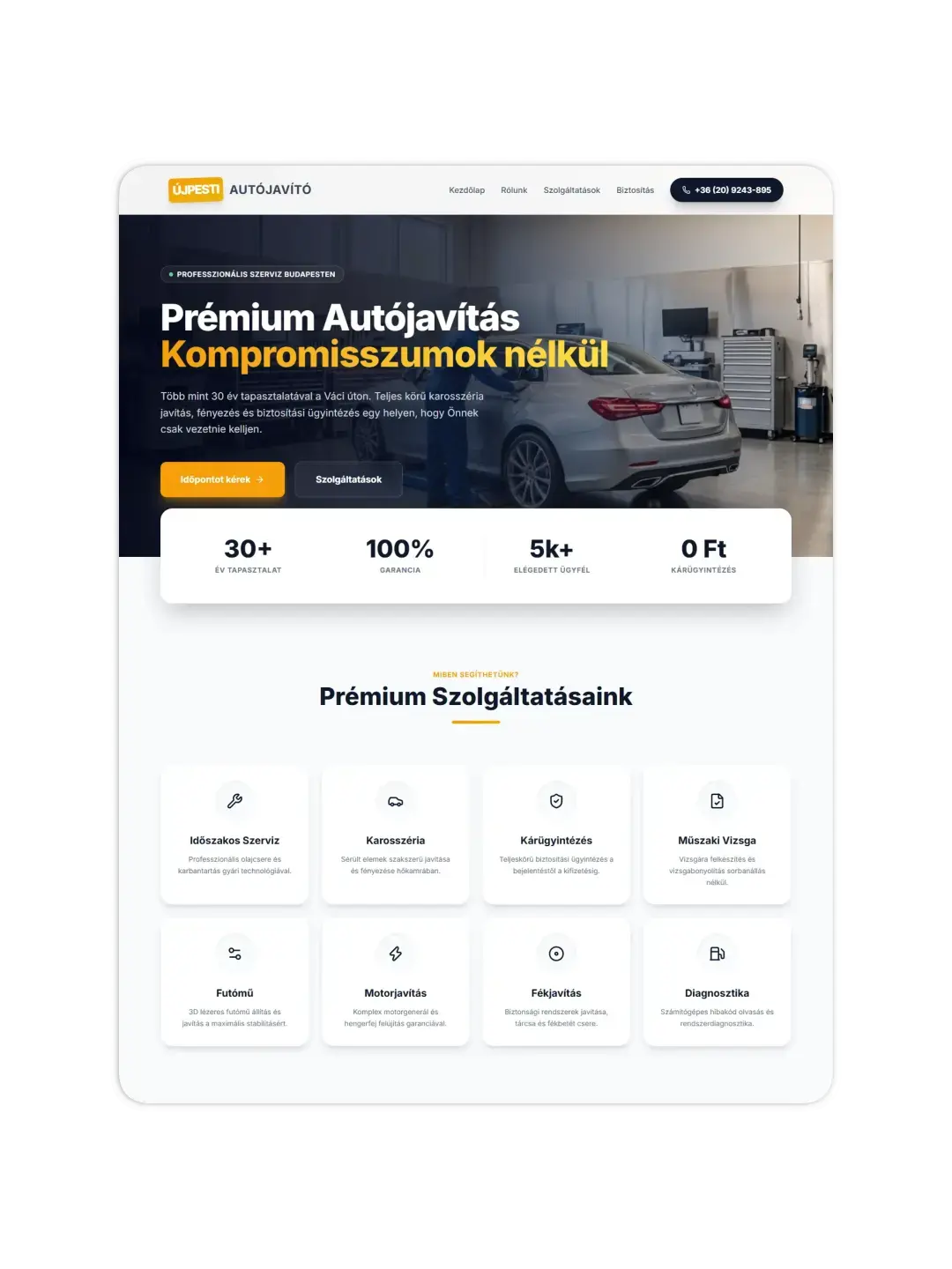 Újpesti Autójavító autószerviz weboldalának teljes kezdőoldala